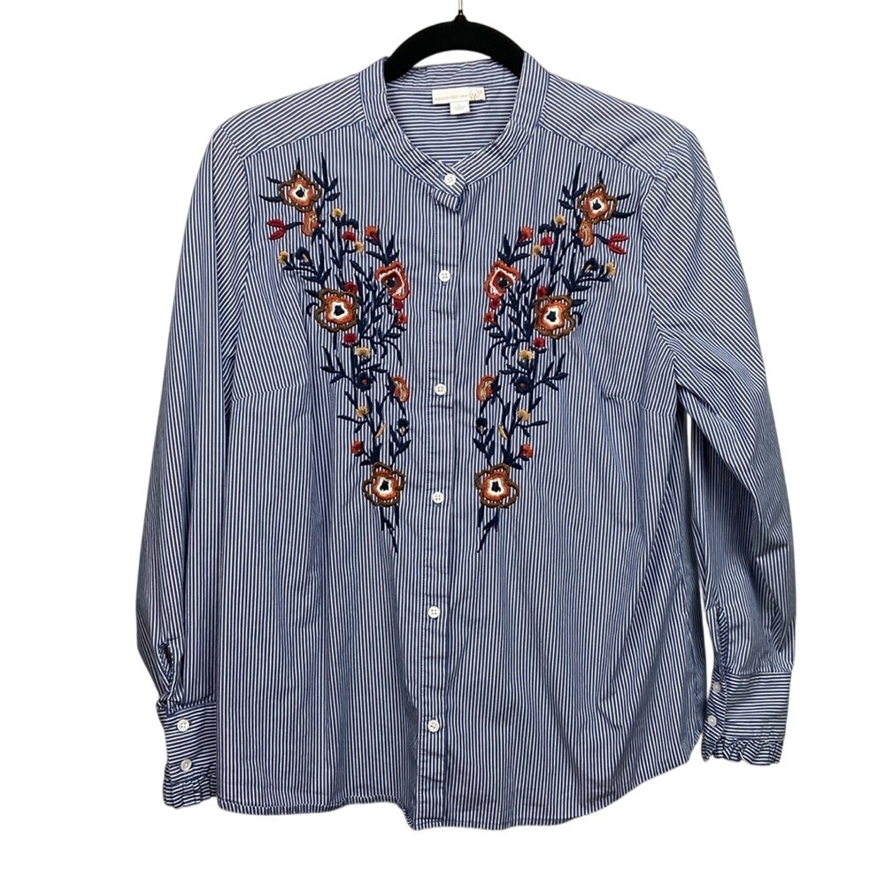 Westport 1962 Blue White Striped Floral Embroidered Blouse Ruffle‎ Cuff Large